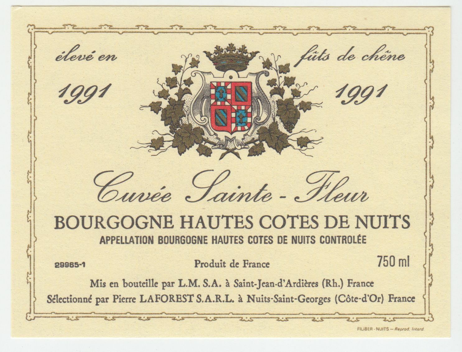 ETIQUETTE DE VIN BOURGOGNE HAUTES COTES DE NUITS 1991 CUVEE SAINTE FLEUR 124555697086