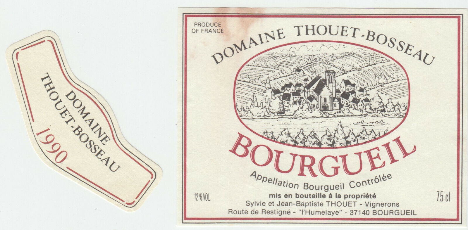 ETIQUETTE DE VIN BOURGUEIL 1990 DOMAINE THOUET BOSSEAU 402631698476