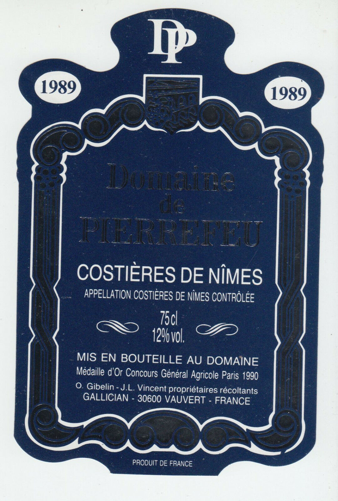 ETIQUETTE DE VIN COSTIERES DE NIMES 1989 DOMAINE DE PIERREFEU 402669072076