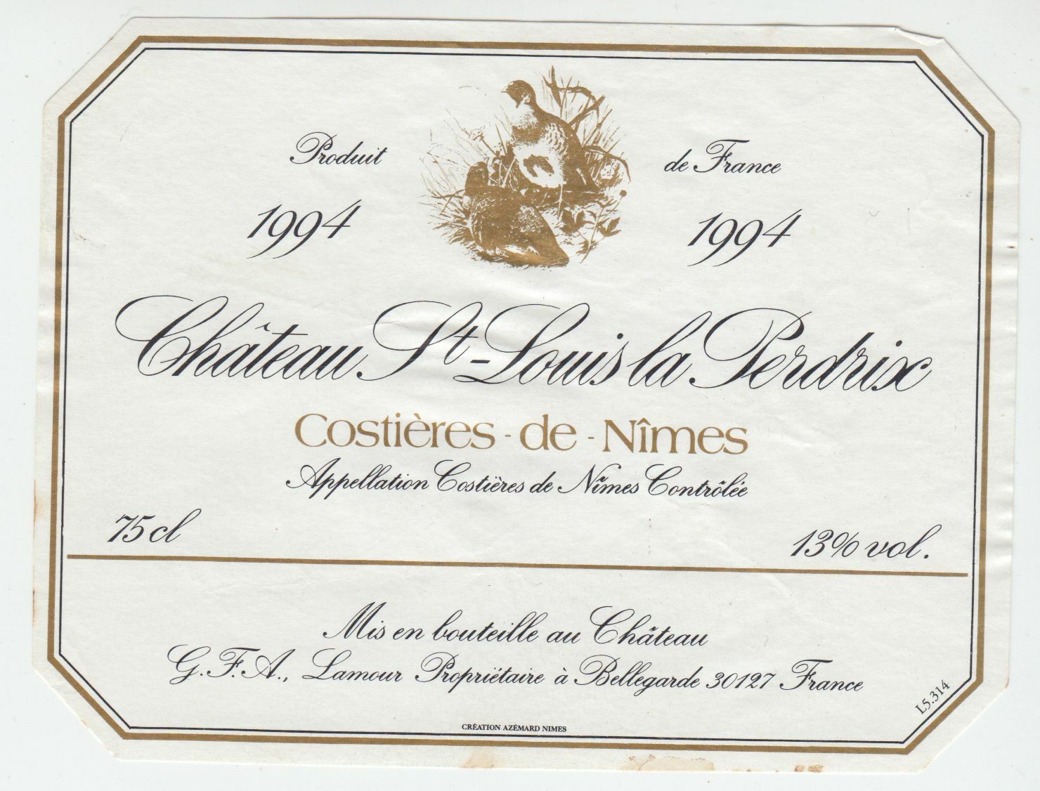 ETIQUETTE DE VIN COSTIERES DE NIMES 1994 CHATEAU ST LOUIS LA PERDRIX 402582999366