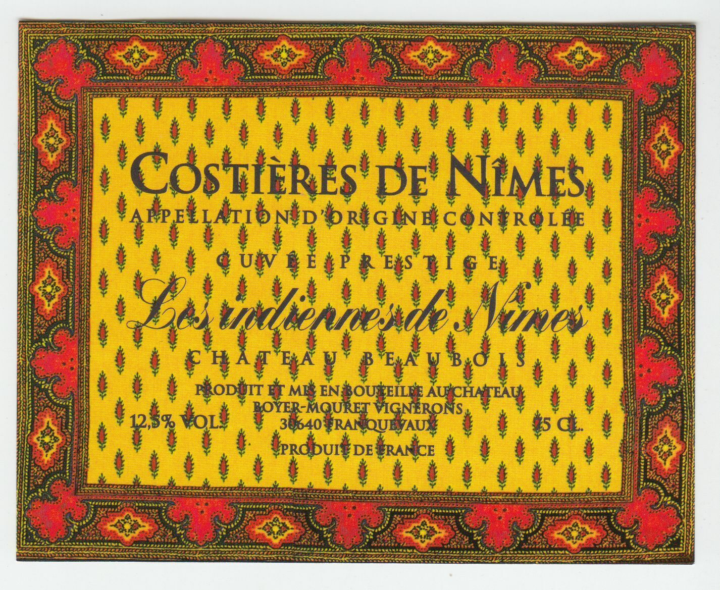 ETIQUETTE DE VIN COSTIERES DE NIMES LES INDIENNES DE NIMES CHATEAU BEAUBOIS 402581826126