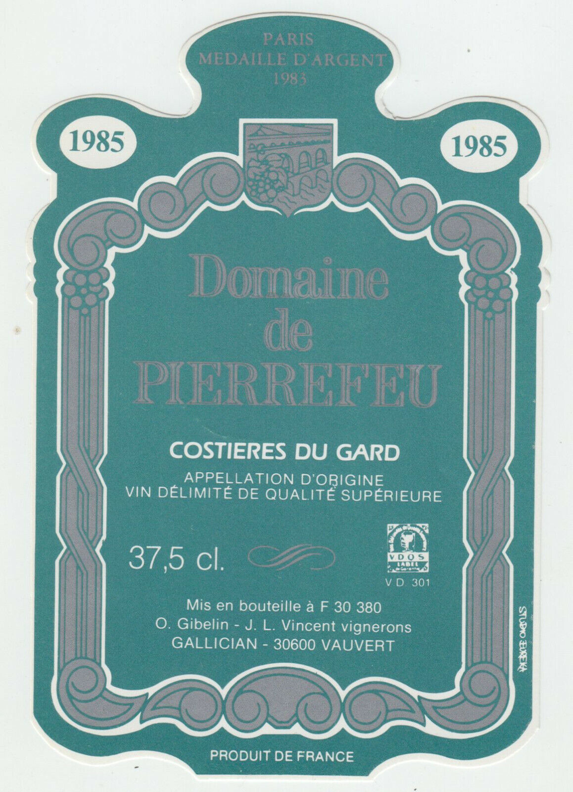 ETIQUETTE DE VIN COSTIERES DU GARD DOMAINE DE PIERREFEU 1985 402654737206