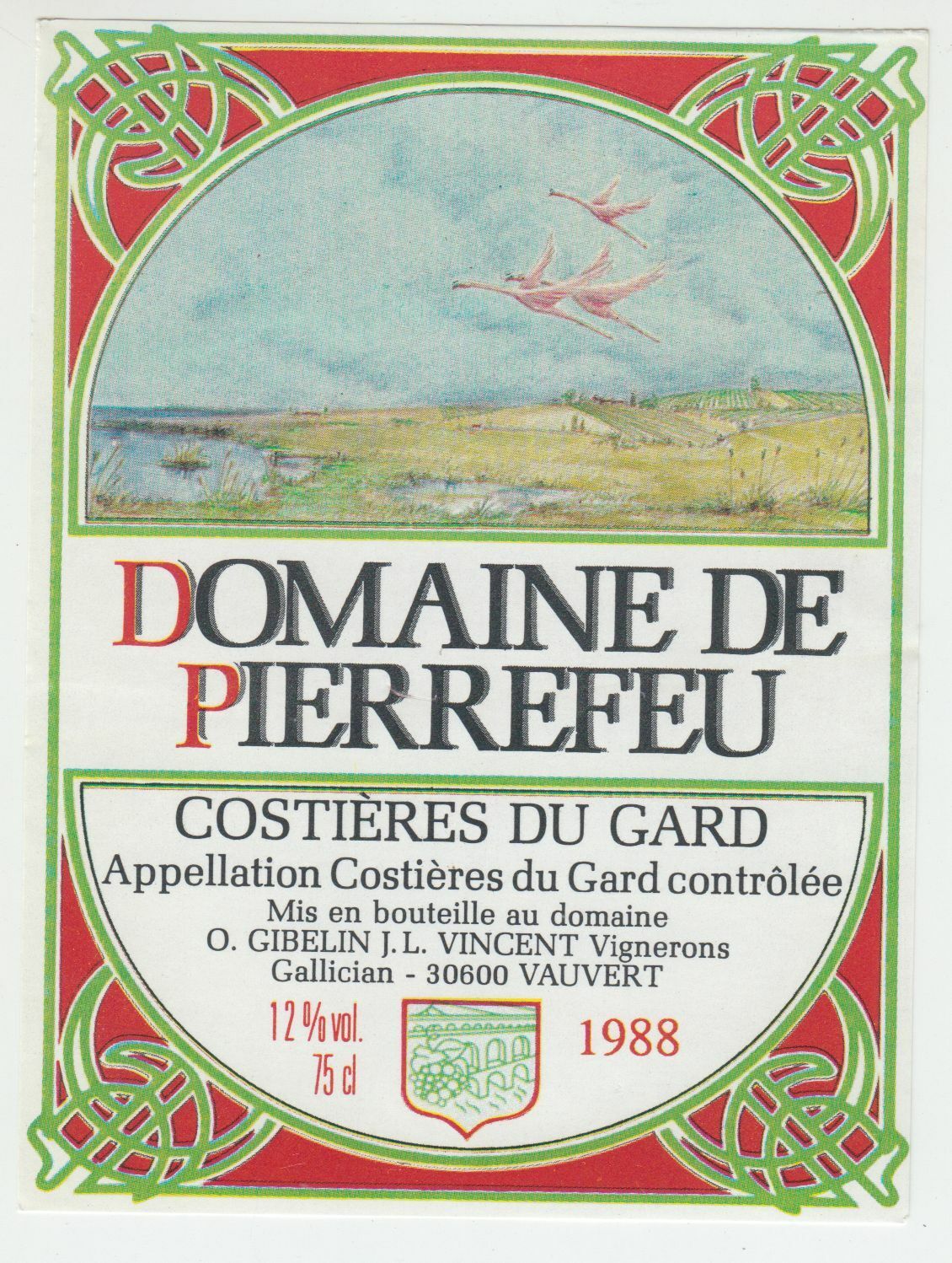 ETIQUETTE DE VIN COSTIERES DU GARD DOMAINE DE PIERREFEU 1988 124539262526