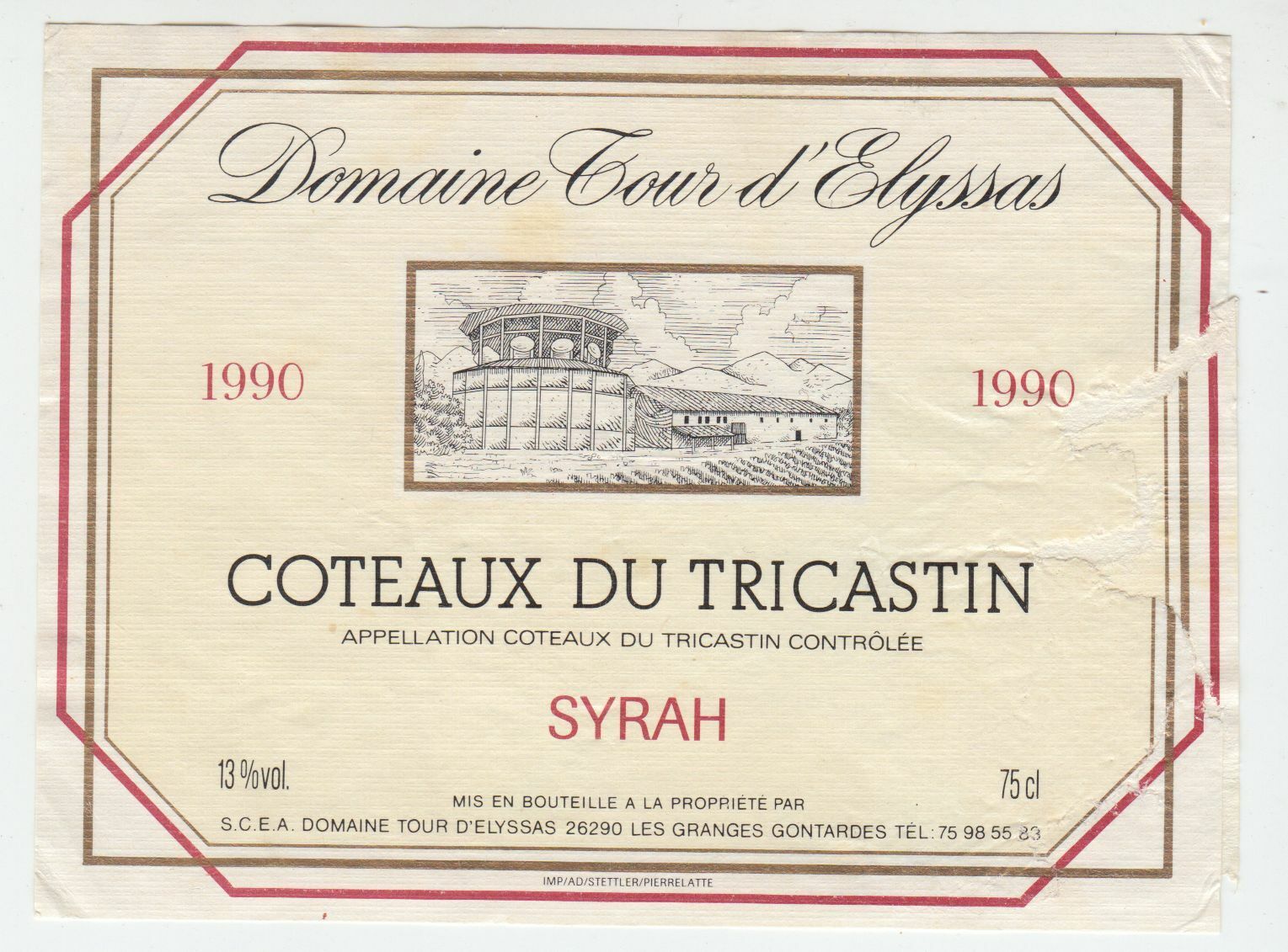 ETIQUETTE DE VIN COTEAUX DU TRICASTIN 1990 DOMAINE TOUR D ELYSSAS SYRAH 124461947816