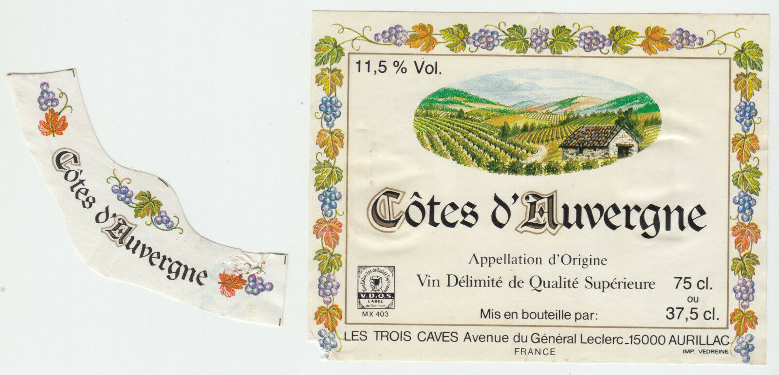 ETIQUETTE DE VIN COTES D AUVERGNE LES TROIS CAVES 124511871006