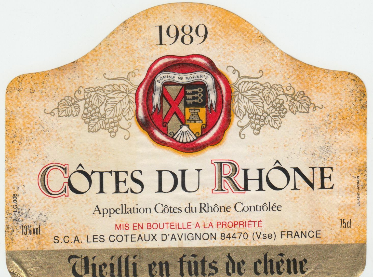 ETIQUETTE DE VIN COTES DU RHONE 1989 LES COTEAUX D AVIGNON 402581823726