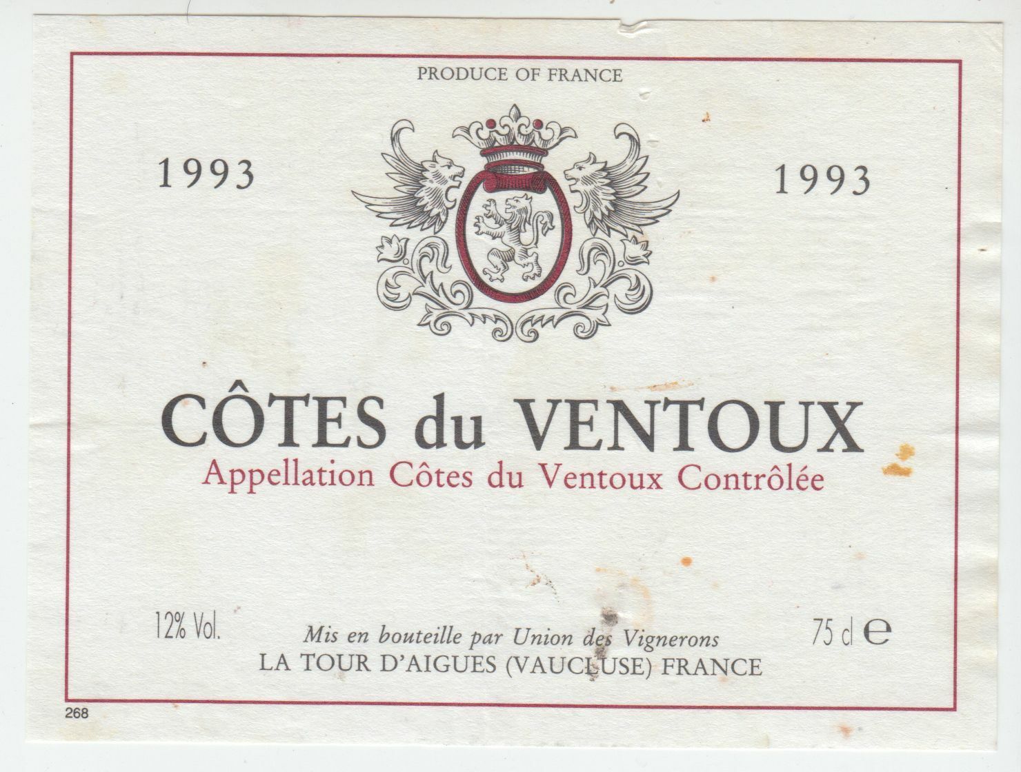 ETIQUETTE DE VIN COTES DU VENTOUX 1993 LA TOUR D AIGUES 402581826096