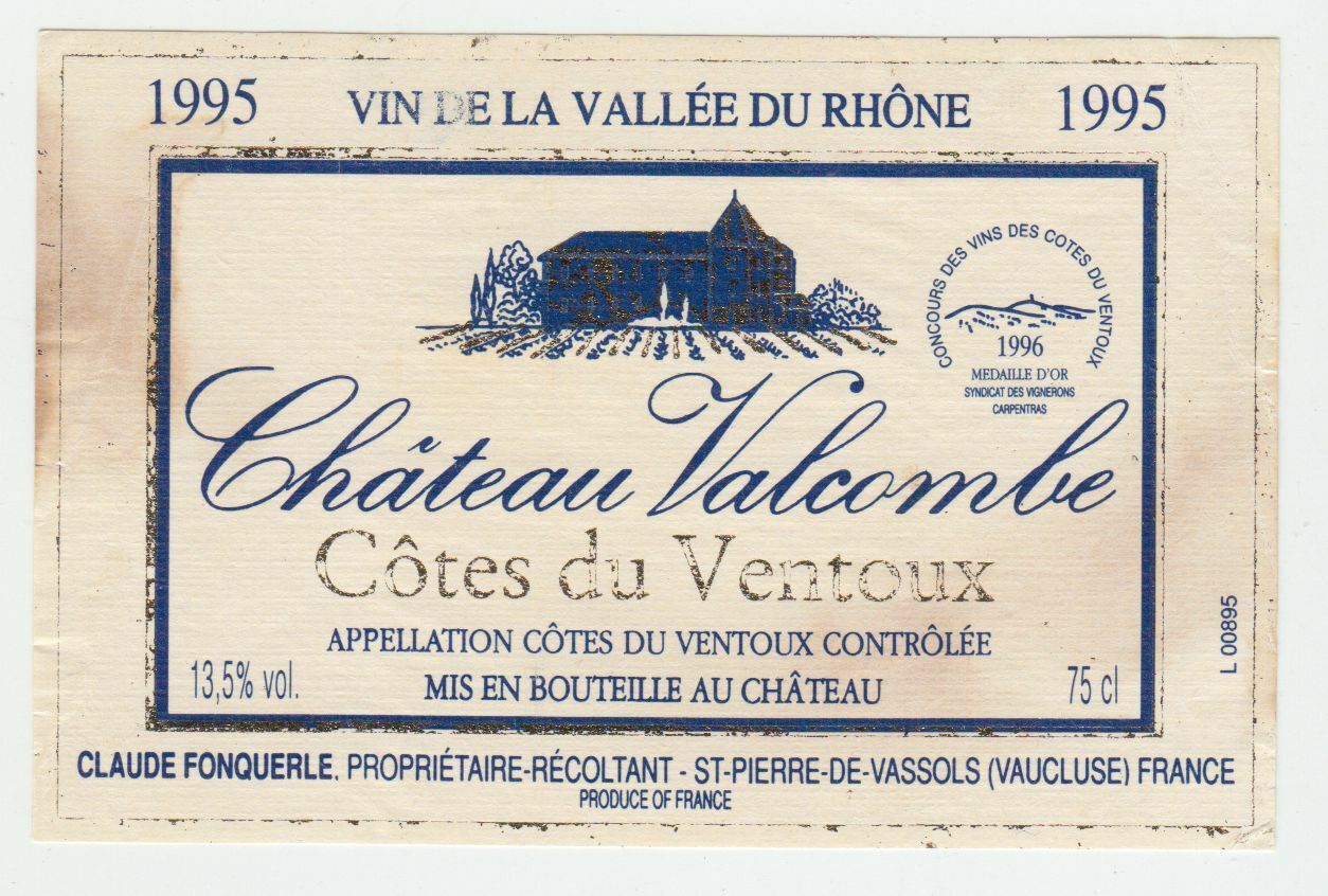 ETIQUETTE DE VIN COTES DU VENTOUX 1995 CHATEAU VALCOMBE 124461948576