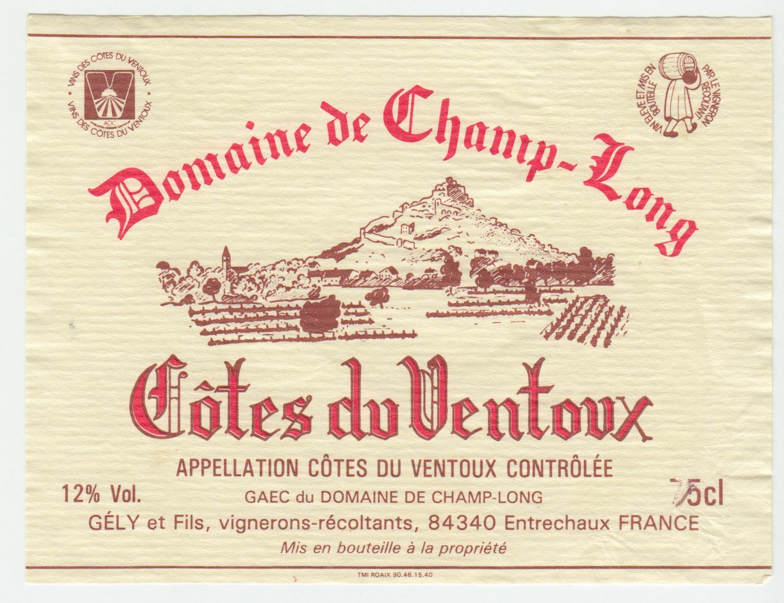 ETIQUETTE DE VIN COTES DU VENTOUX DOMAINE DE CHAMP LONG 124461948566