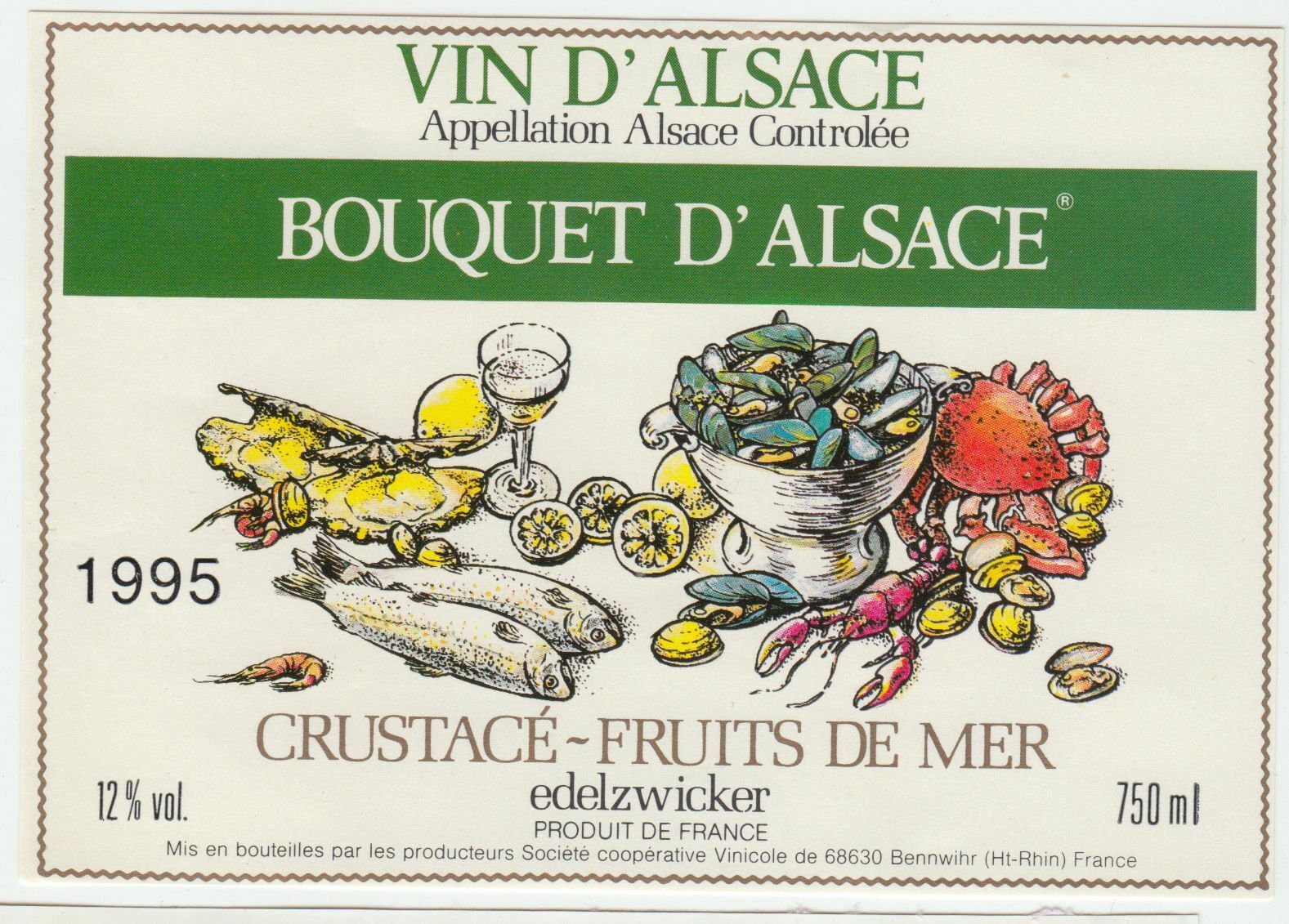 ETIQUETTE DE VIN D ALSACE EDELZWICKER 1995 BOUQUET FRUITS DE MER 402631697836