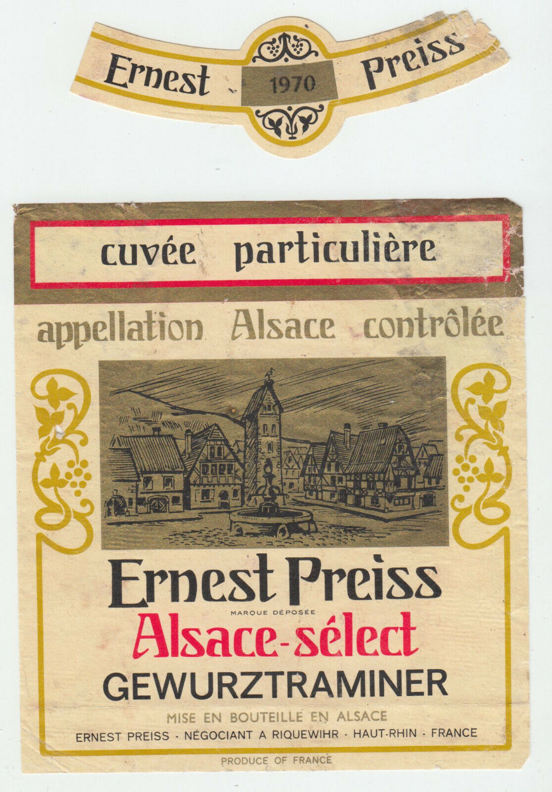 ETIQUETTE DE VIN D ALSACE GEWURZTRAMINER 1970 ERNEST PREISS 402631696646