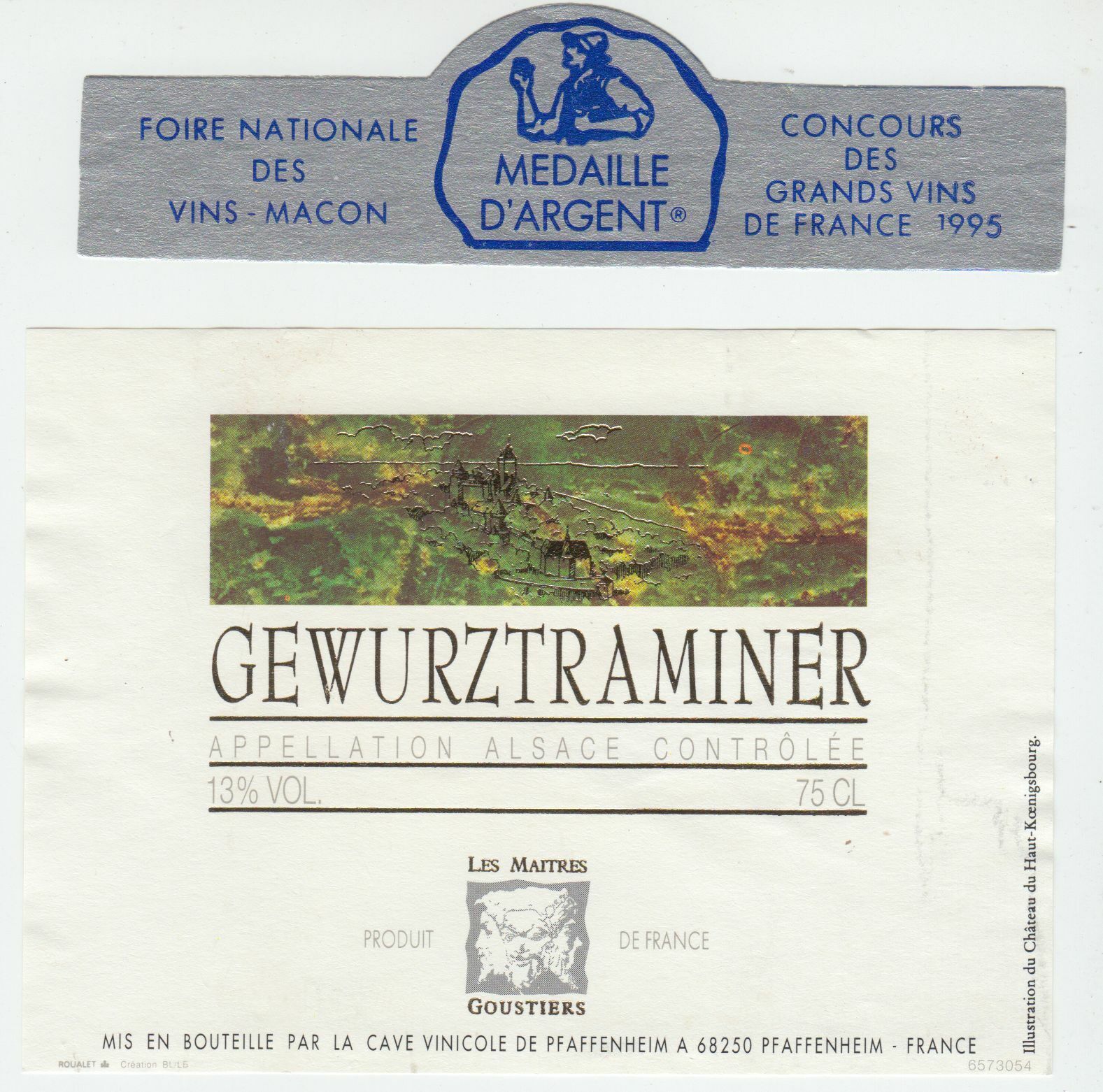 ETIQUETTE DE VIN D ALSACE GEWURZTRAMINER MEDAILLE D ARGENT 1995 402631696656