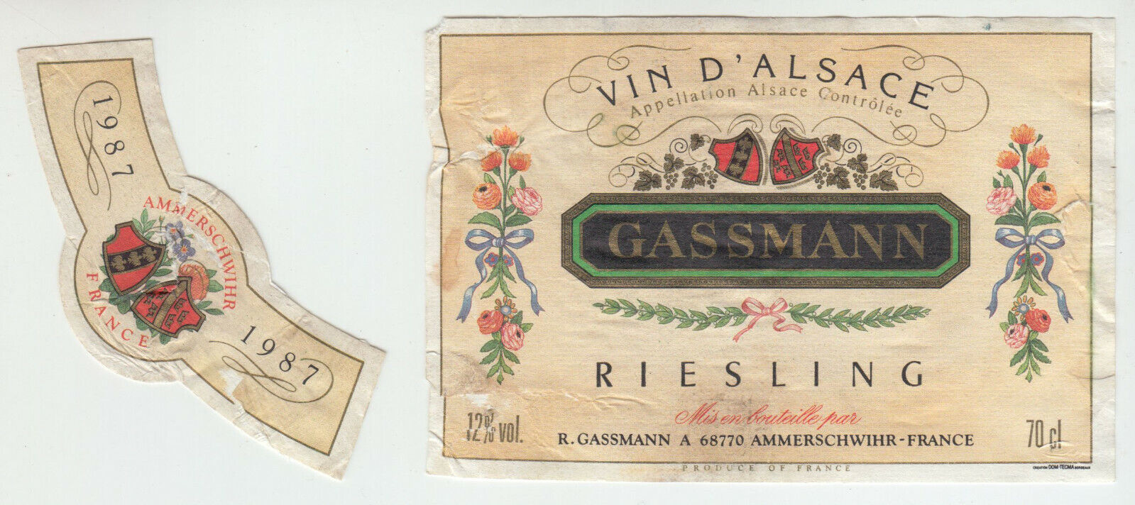 ETIQUETTE DE VIN D ALSACE RIESLING 1987 R GASSMANN 124511869316