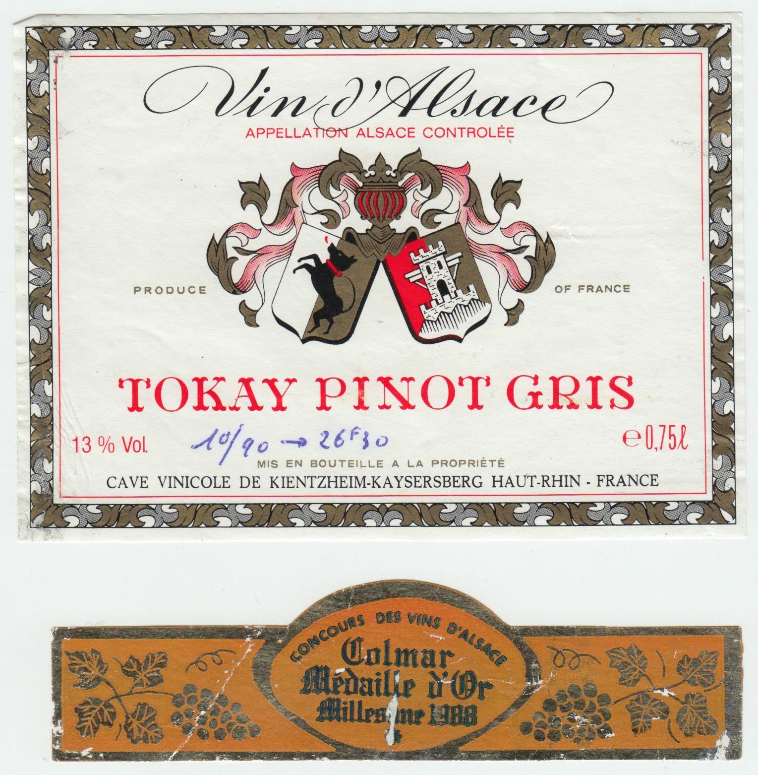 ETIQUETTE DE VIN D ALSACE TOKAY PINOT GRIS MEDAILLE D OR 1988 COLMAR 402631696686