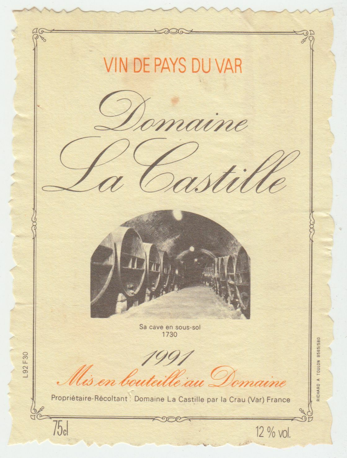 ETIQUETTE DE VIN DE PAYS DU VAR DOMAINE DE LA CASTILLE 1991 402687606166