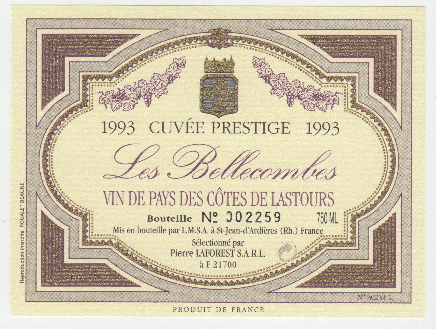 ETIQUETTE DE VIN DES COTES DE LASTOURS 1993 LES BELLECOMBES 124572490086