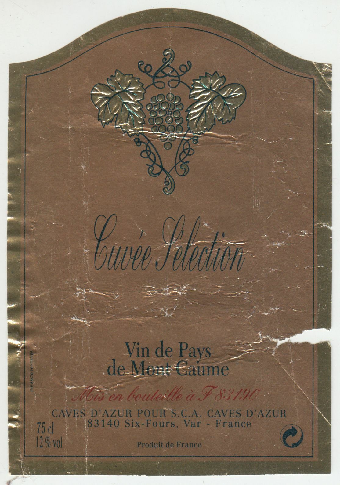 ETIQUETTE DE VIN DU MONT CAUME CUVEE SELECTION CAVES D AZUR SIX FOURS 124570864096