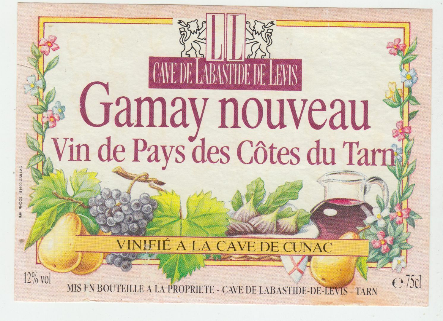 ETIQUETTE DE VIN DU PAYS COTES DU TARN GAMAY NOUVEAU CAVE DE LA BASTIDE DE LEVIS 124576538606