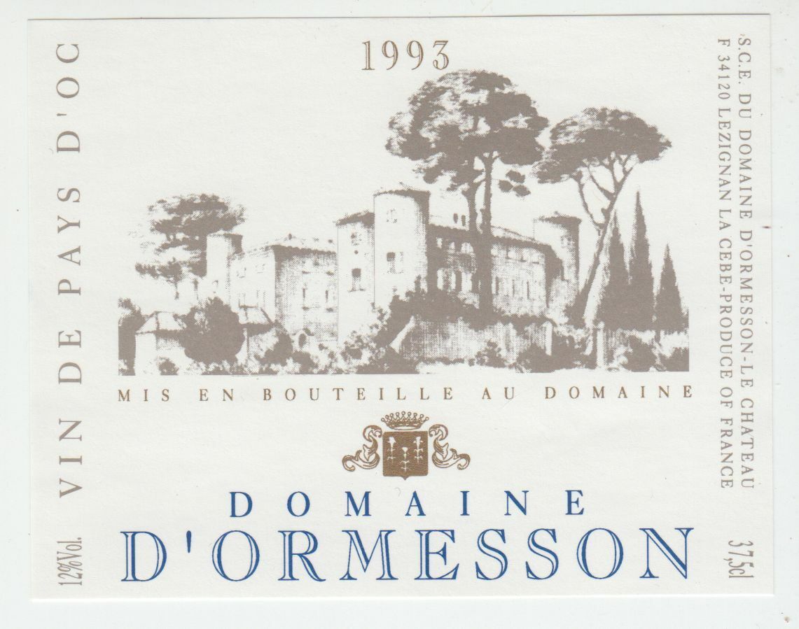 ETIQUETTE DE VIN DU PAYS D OC 1993 DOMAINE D ORMESSON 402690973626