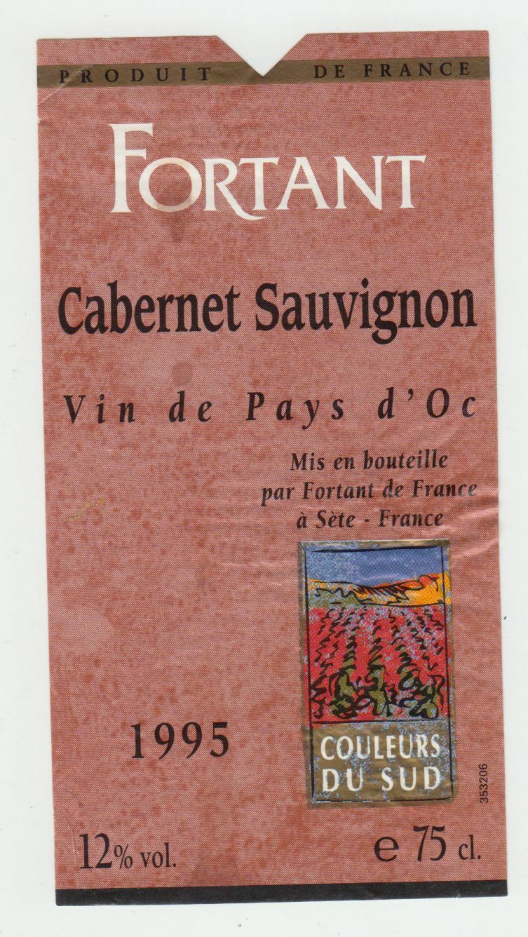 ETIQUETTE DE VIN DU PAYS D OC 1995 FORTANT CABERNET SAUVIGNON 402690973596