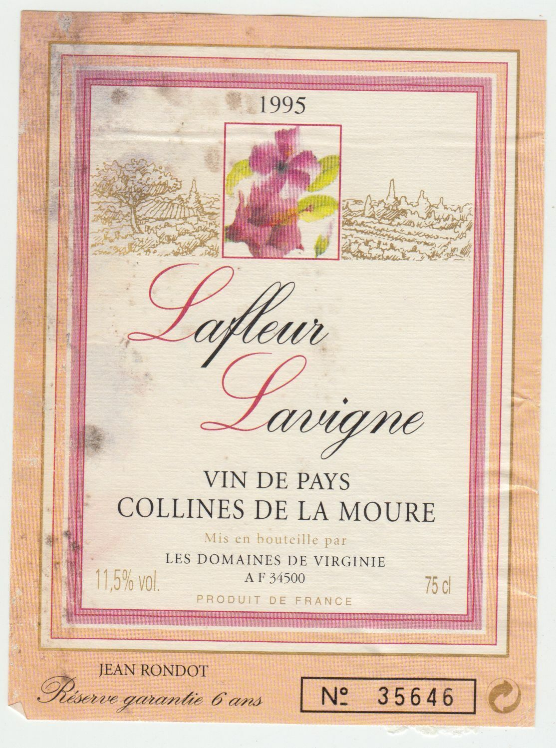 ETIQUETTE DE VIN DU PAYS DES COLLINES DE LA MOURE 1995 LAFLEUR LAVIGNE 402695573016