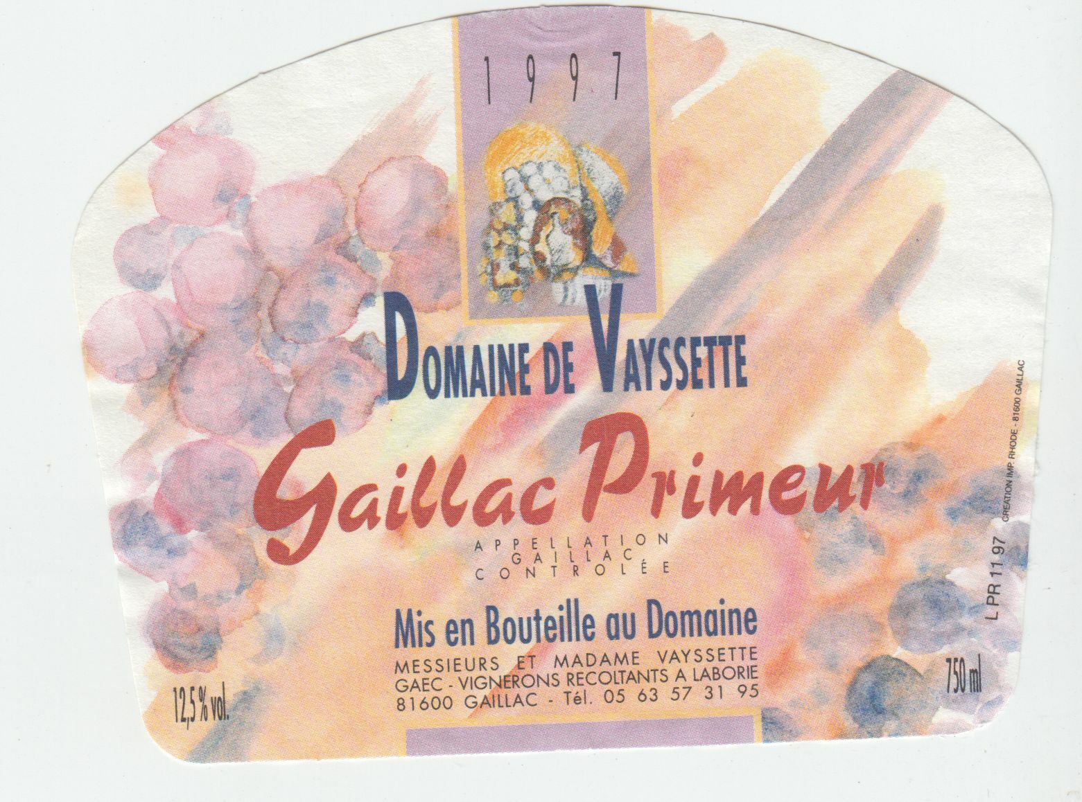 ETIQUETTE DE VIN GAILLAC PRIMEUR 1997 DOMAINE DE VAYSSETTE 124552112076