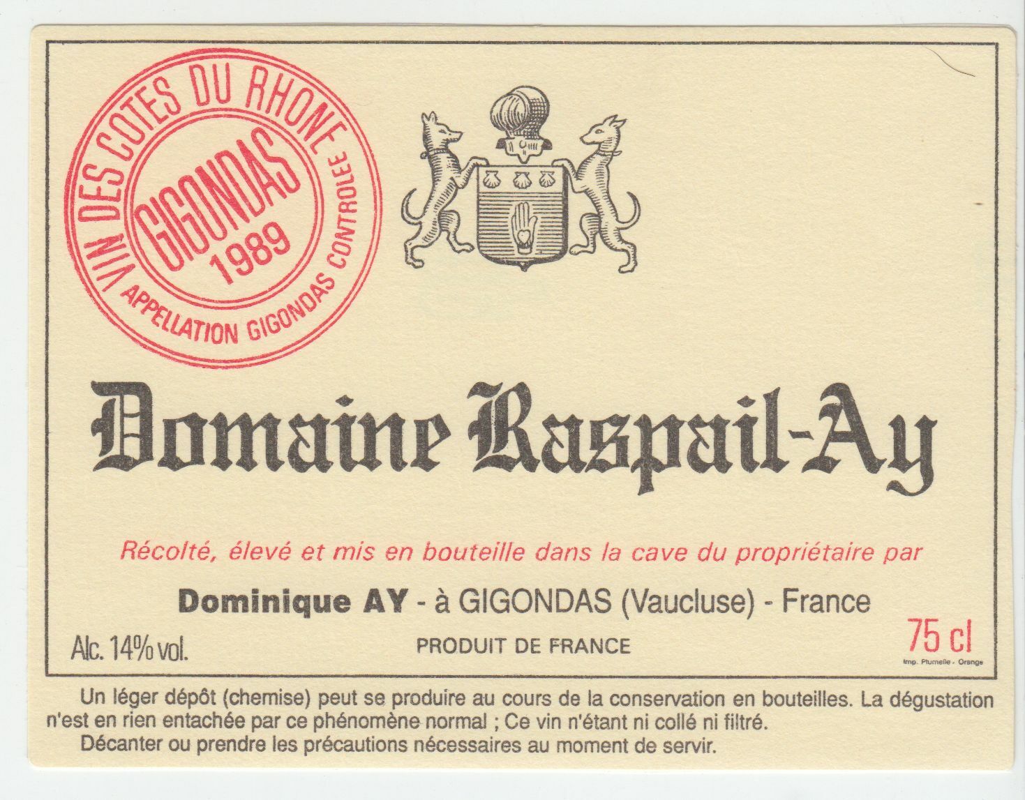 ETIQUETTE DE VIN GIGONDAS 1989 DOMAINE RASPAIL AY 402581825556