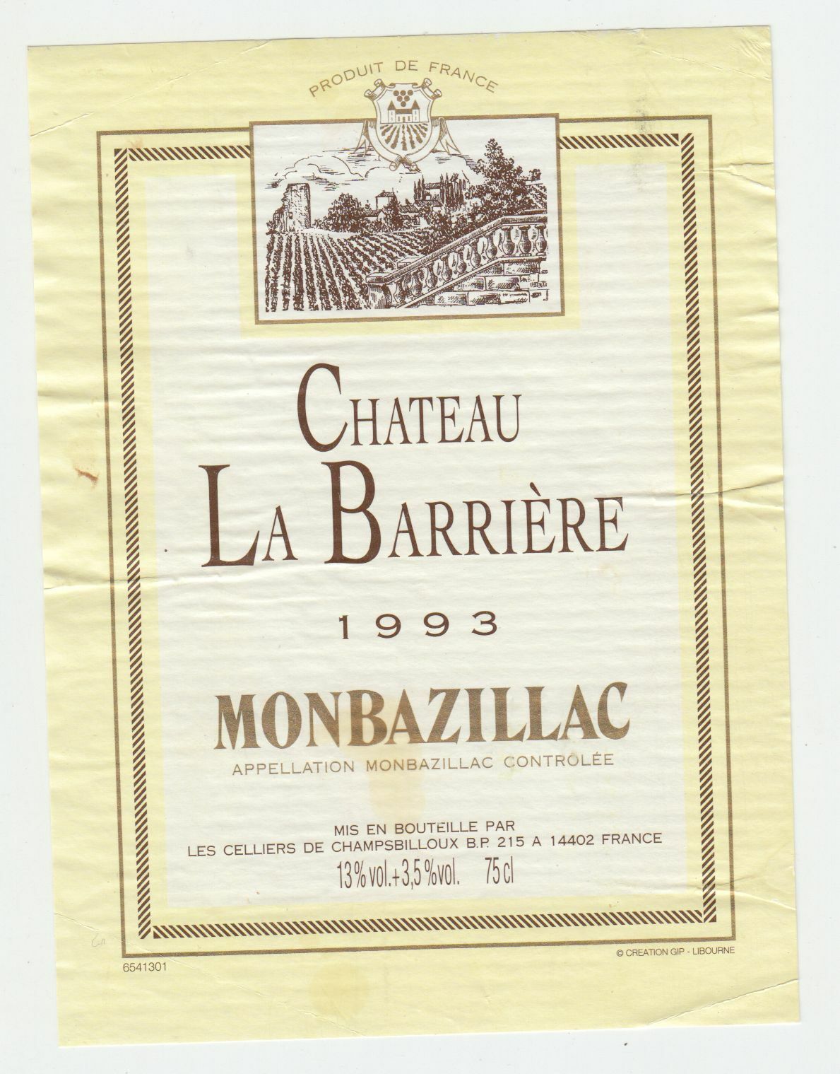 ETIQUETTE DE VIN MONBAZILLAC CHATEAU LA BARRIERE 1993 402654737186