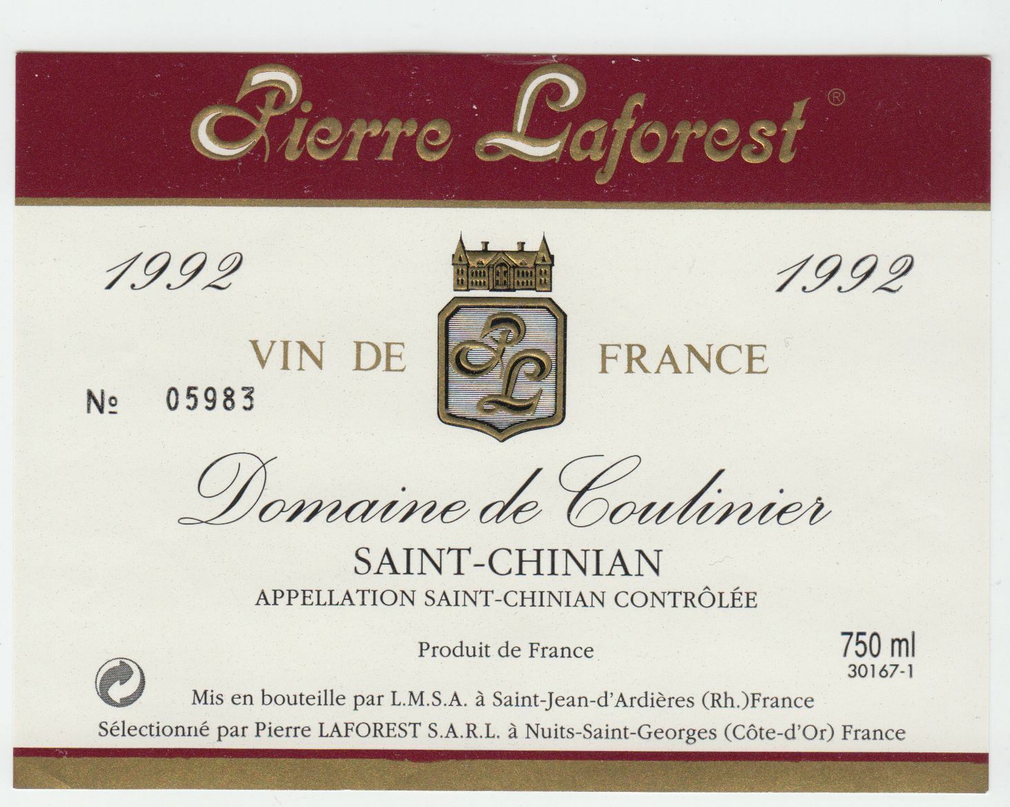 ETIQUETTE DE VIN SAINT CHINIAN DOMAINE DE COULINIER 1992 402654737196