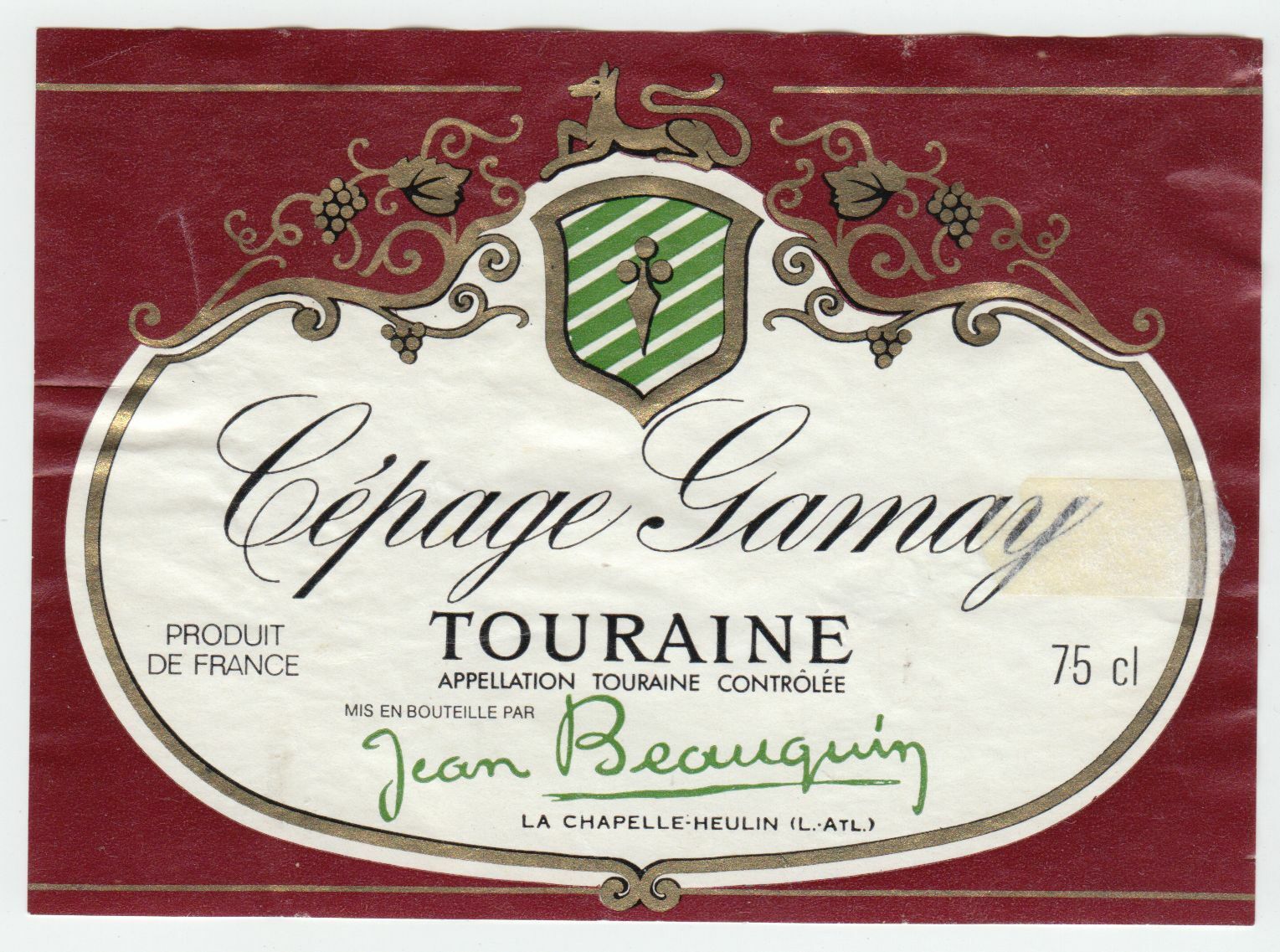 ETIQUETTE DE VIN TOURAINE CEPAGE GAMAY JEAN BEAUQUIN 124511870236