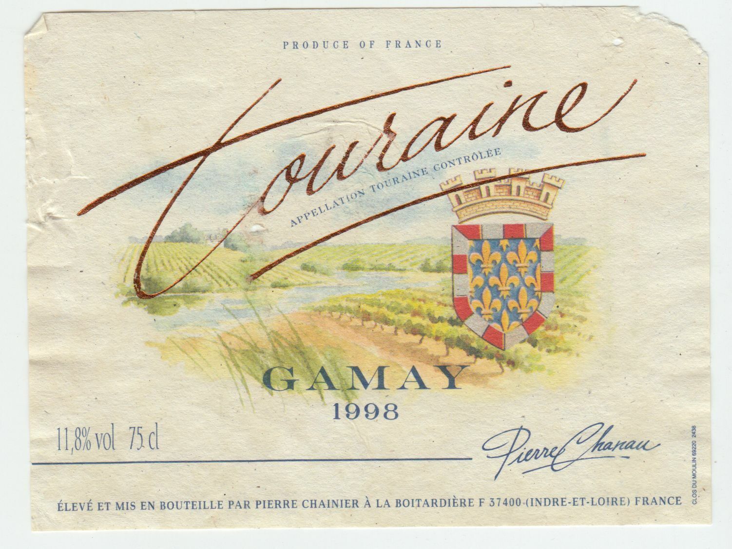 ETIQUETTE DE VIN TOURAINE GAMAY 1998 124511870226