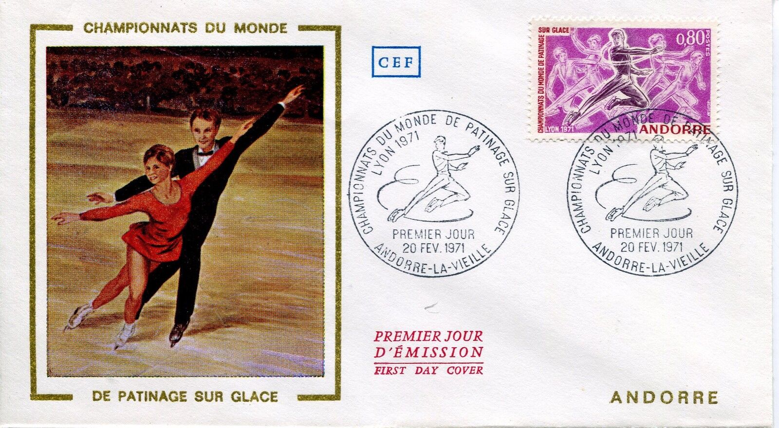 FDC PREMIER JOUR ANDORRE 1971 TIMBRE N 209 SPORT PATINAGE SUR GLACE 121463642846