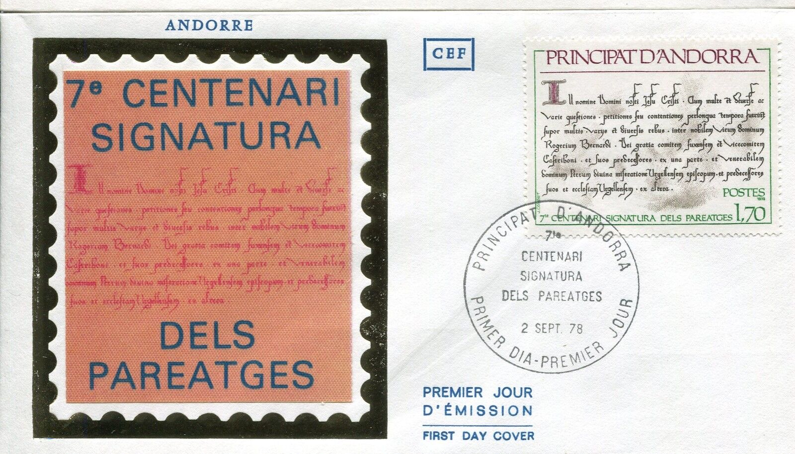 FDC PREMIER JOUR ANDORRE 1978 TIMBRE N 273 TEXTE DES PAREATGES 400790493276