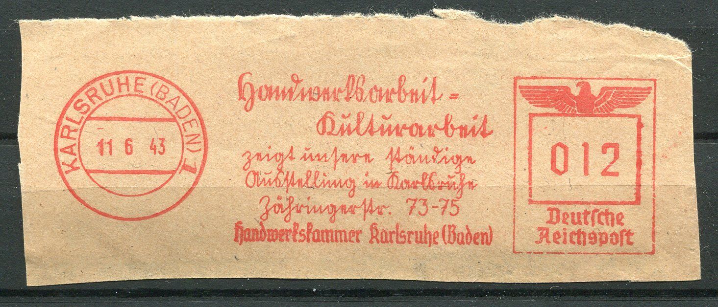 FLAMME DEUTSCHE REICH 1943 KARLSRUHE BADEN 400776862926