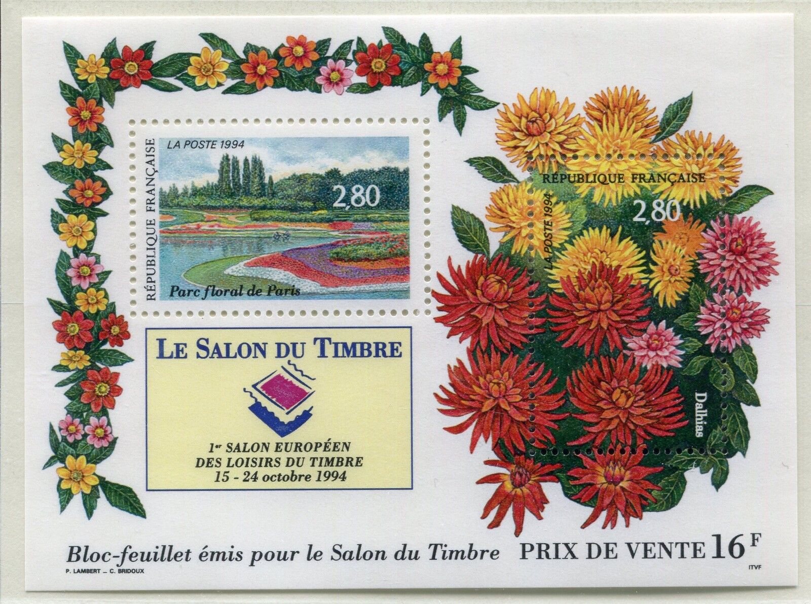 FRANCE TIMBRE NEUF BLOC N 16 PARC FLORAL DE PARIS ET DAHLIAS 400811577576