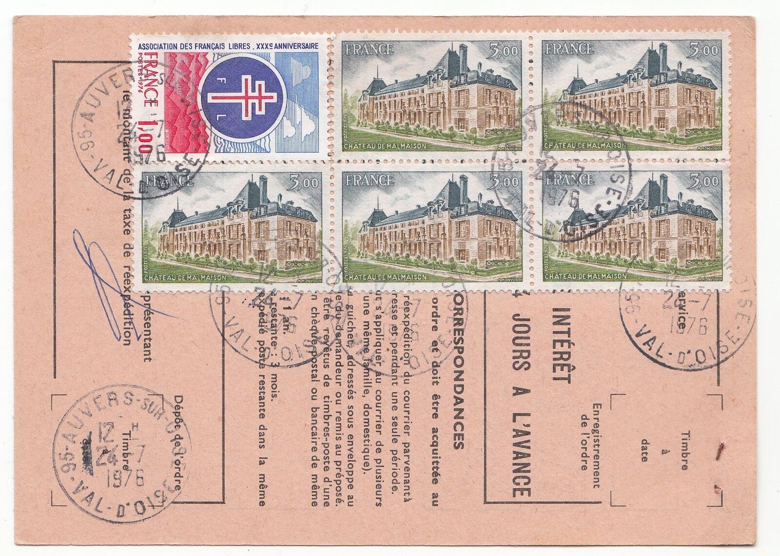 FRANCE TIMBRE ORDRE DE REEXPEDITION AUVERS SUR OISE A GARDER A LA POSTE 1976 121902891646