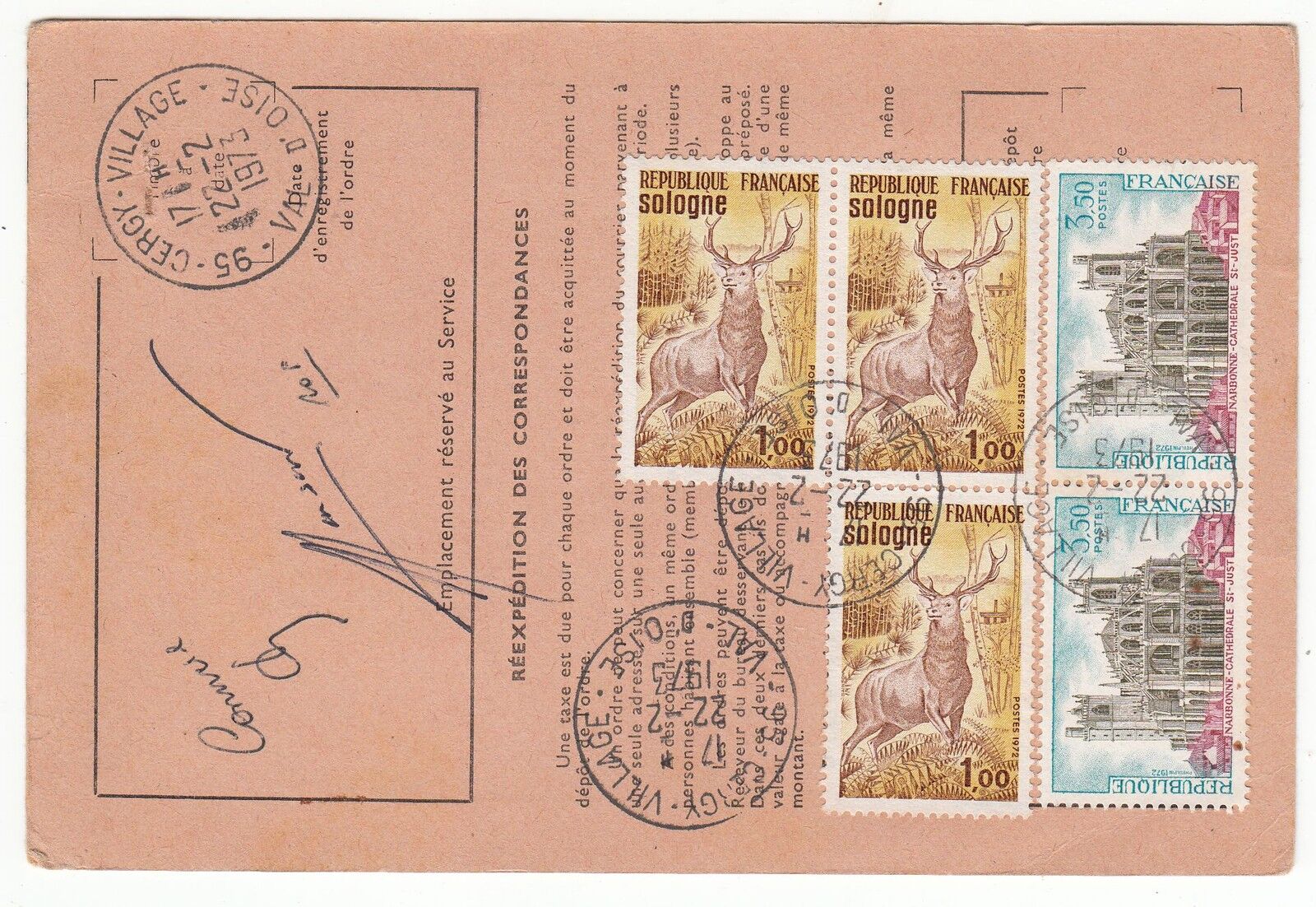 FRANCE TIMBRE ORDRE DE REEXPEDITION CERGY A GARDER AU BUREAU DE POSTE 1973 121902306456