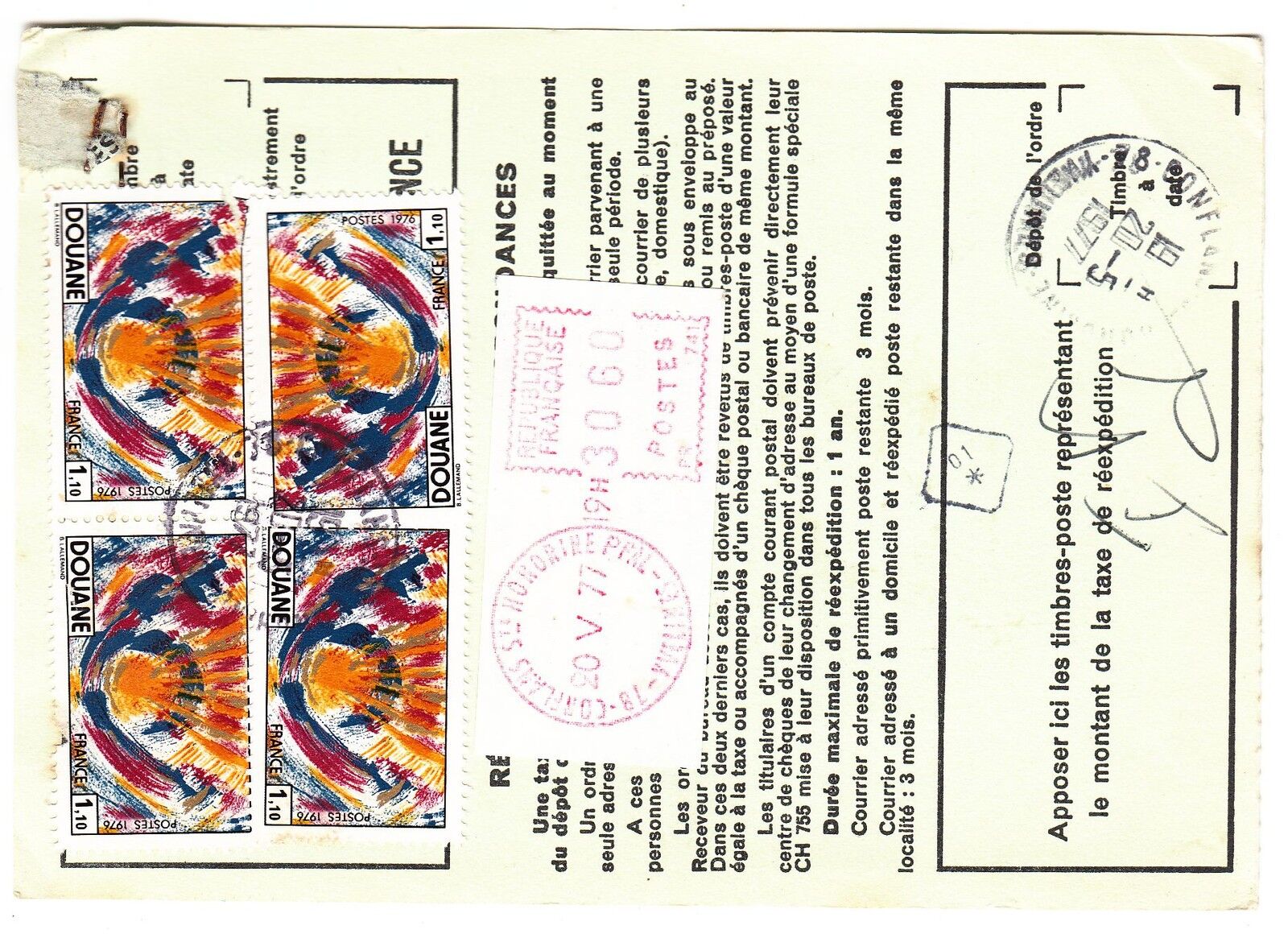 FRANCE TIMBRE ORDRE DE REEXPEDITION CONFLANS STE HONORINE POUR COUPIAC 1978 401074981046