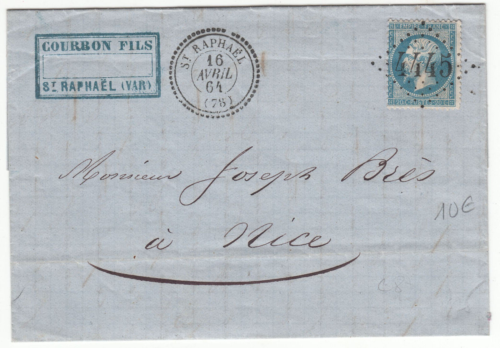 LETTRE 1864 ST RAPHAEL POUR NICE LOSANGE BUREAU DE POSTE 4445 401295945446