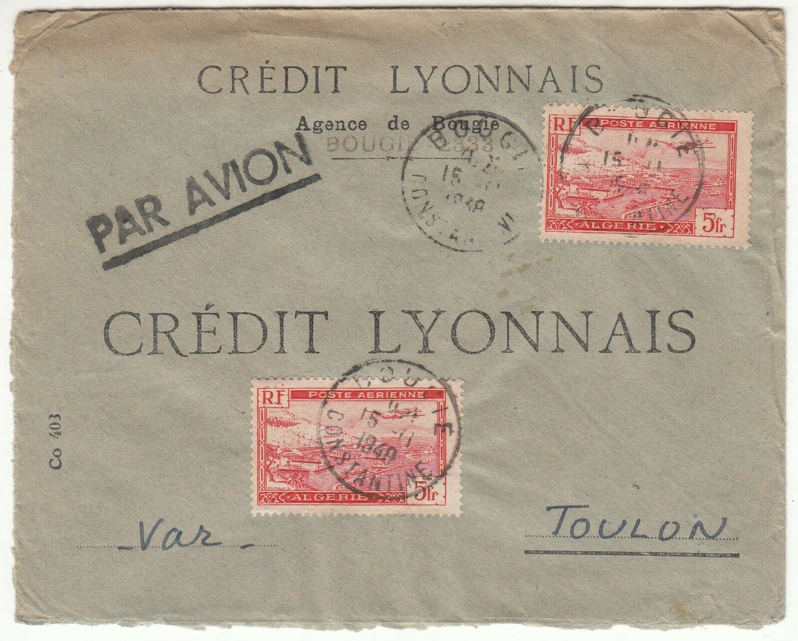 LETTRE ALGERIE BOUGIE TOULON CREDIT LYONNAIS 1948 PAR AVION 123753443916