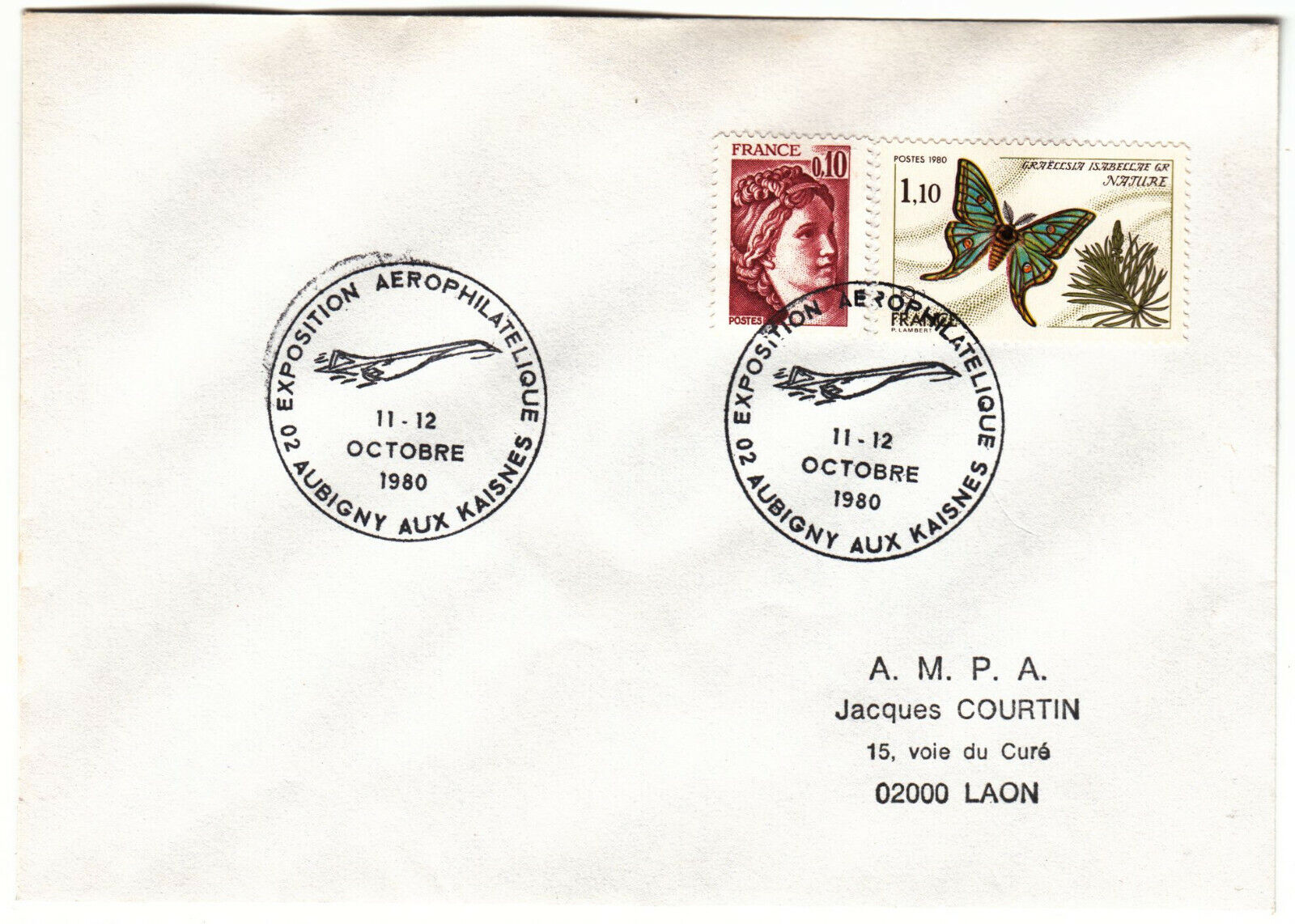 LETTRE AUBIGNY AUX KAISNES POUR LAON 1980 CACHET EXPOSITION AEROPHILATELIQUE 124074123186