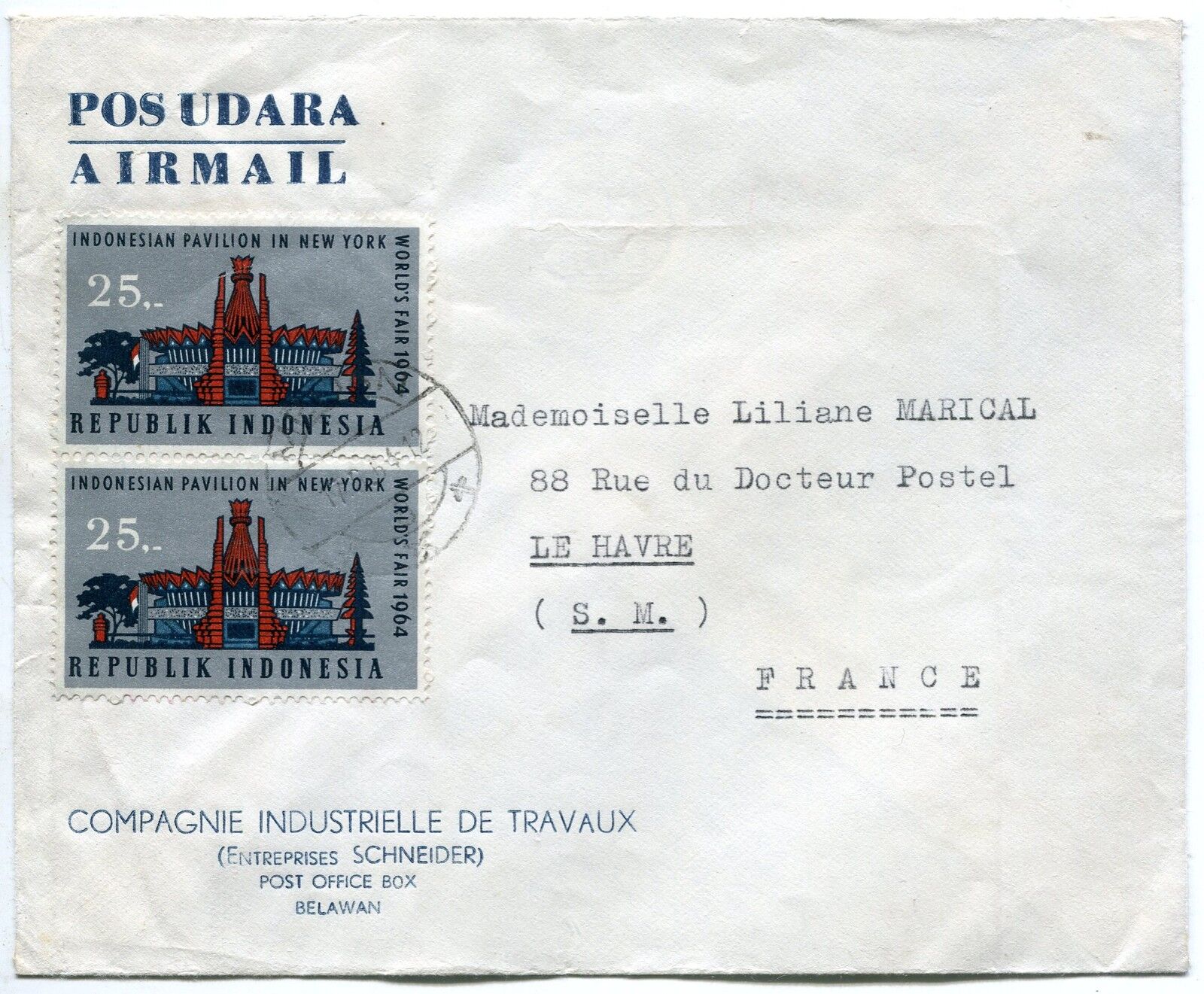 LETTRE BELAWAN INDONESIE POUR LE HAVRE 1964 PAR AVION AIR MAIL 121370979176