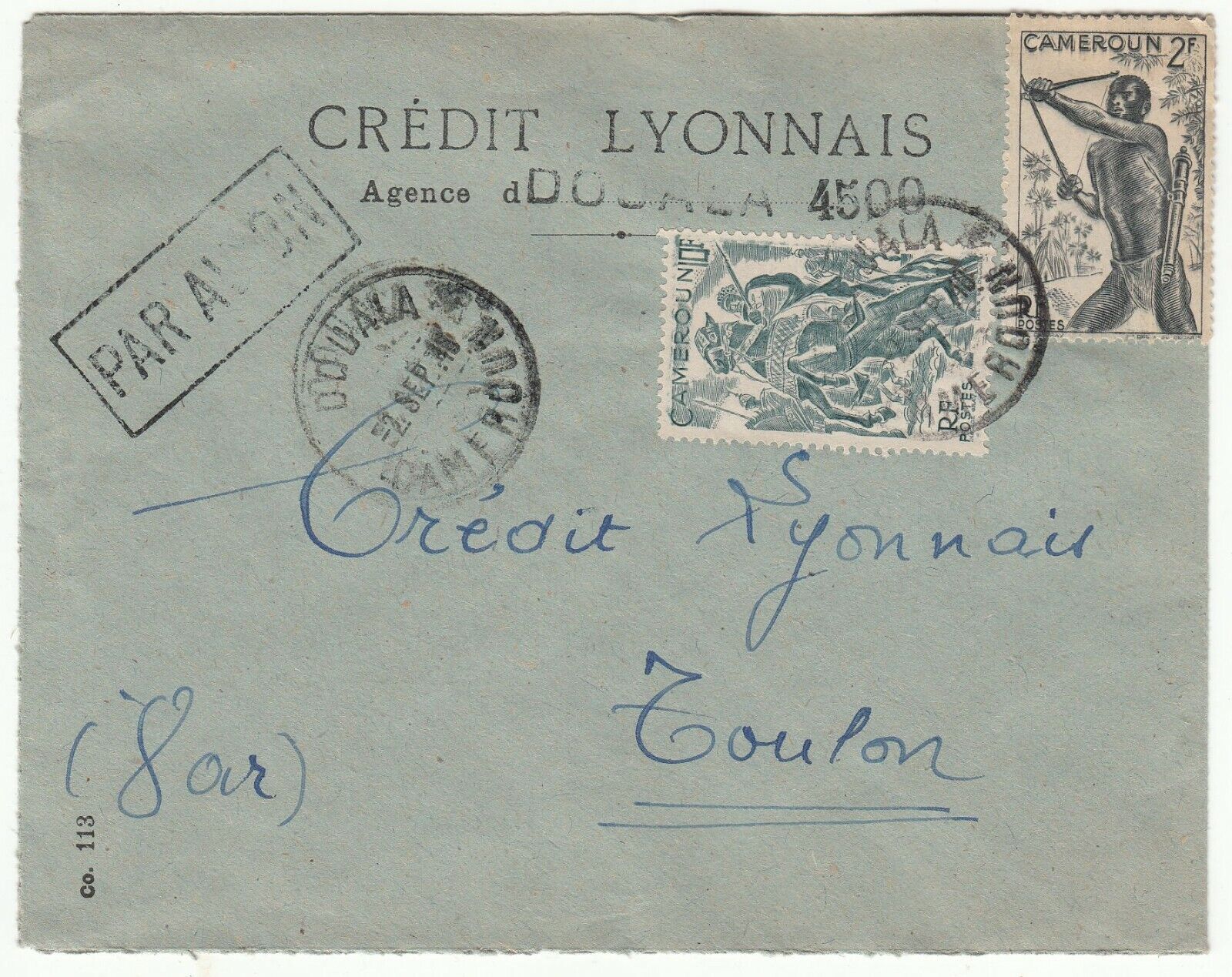 LETTRE CAMEROUN AGENCE DE DOUALA POUR TOULON 1946 CREDIT LYONNAIS PAR AVION 401754074566