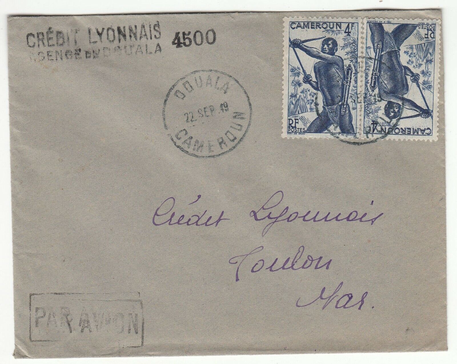 LETTRE CAMEROUN DOUALA TOULON CREDIT LYONNAIS 1949 PAR AVION 123775764166