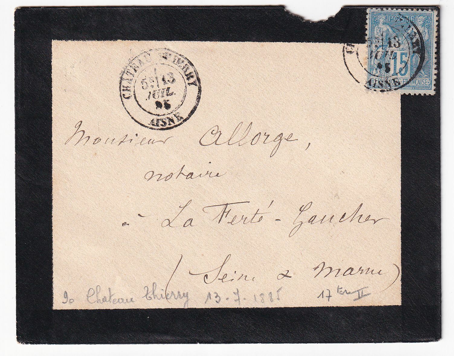 LETTRE CHATEAU THIERRY LA FERTE GAUCHER 1885 NOTAIRE 2 CONVOYEUR CACHET 403243209156