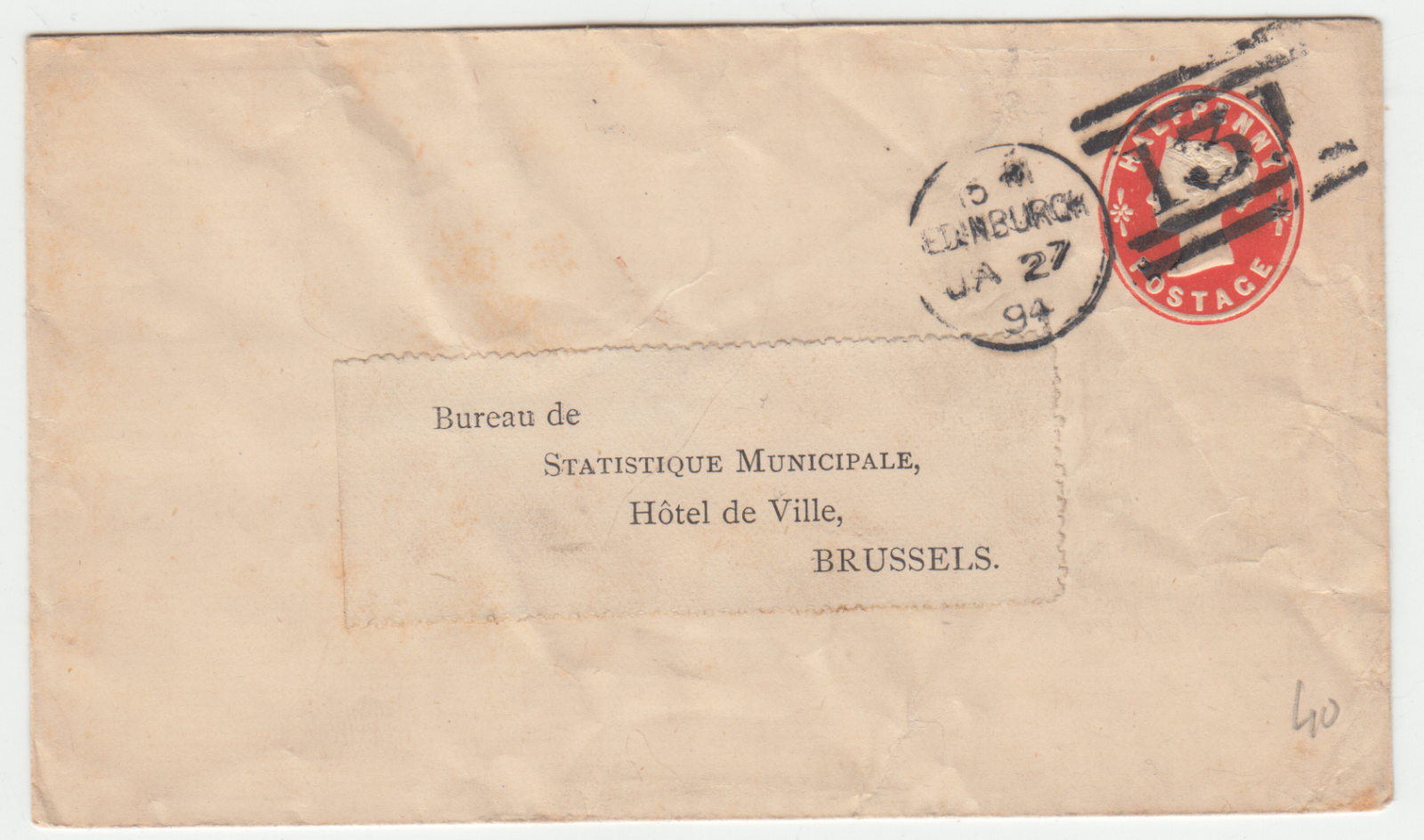 LETTRE ENTIER POSTAL ROYAUME UNI 1894 POUR LA MAIRIE DE BRUSSELS 402822214826