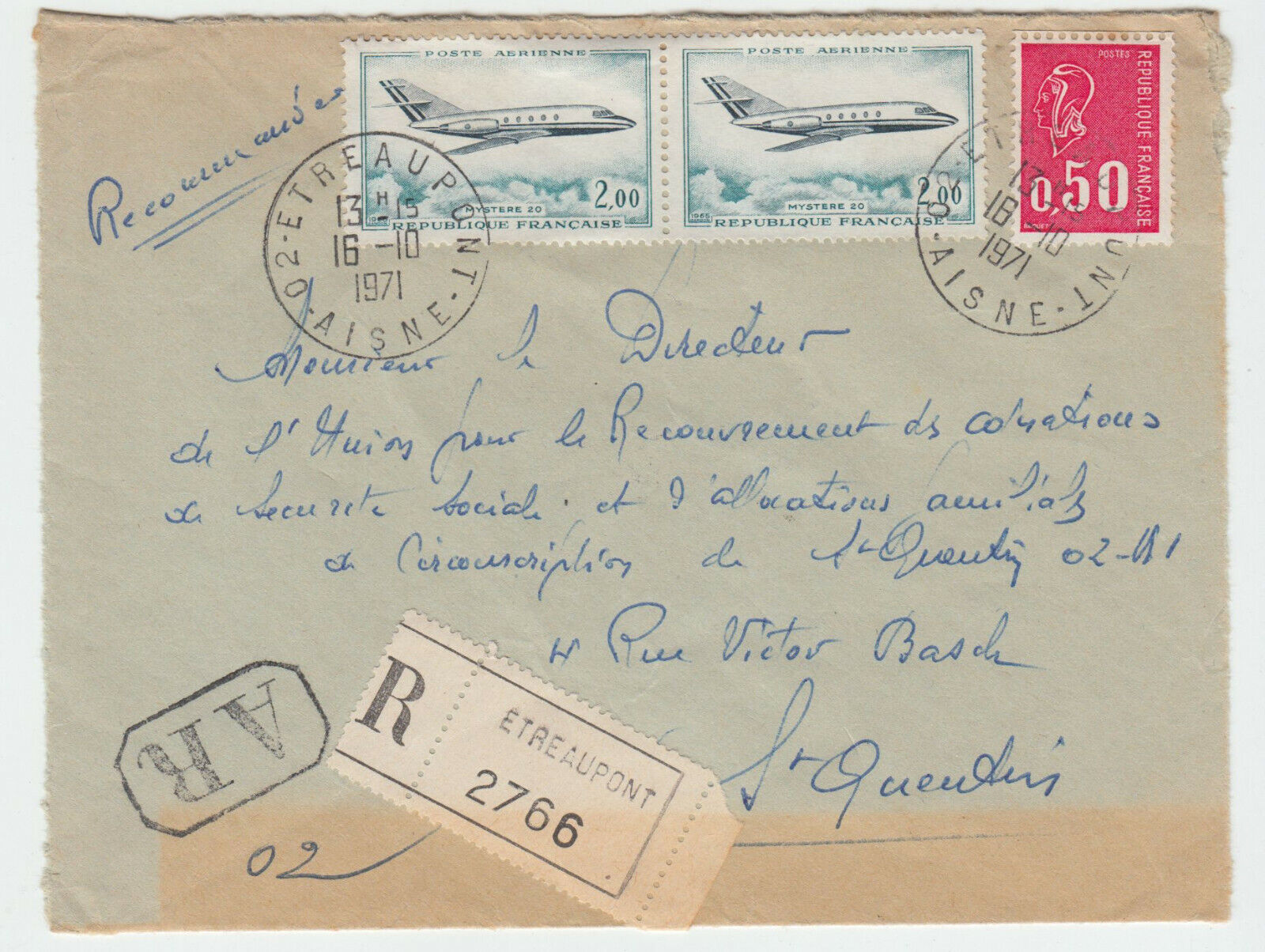 LETTRE ETREAUPONT POUR ST QUENTIN 1971 RECOMMANDE AR 402088421916