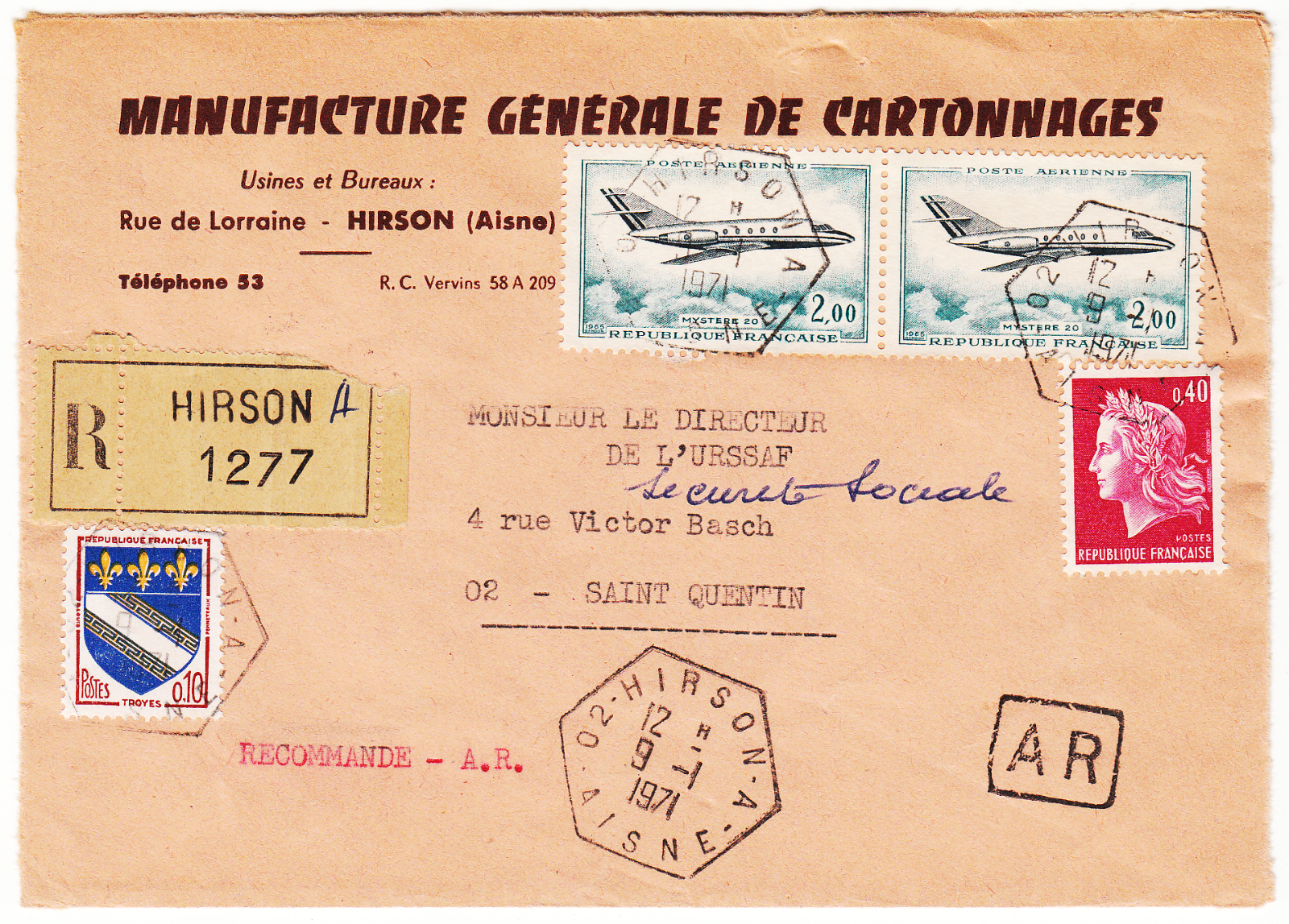 LETTRE HIRSON A POUR ST QUENTIN 1971 RECOMMANDE AR POSTE AERIENNE 124069257286