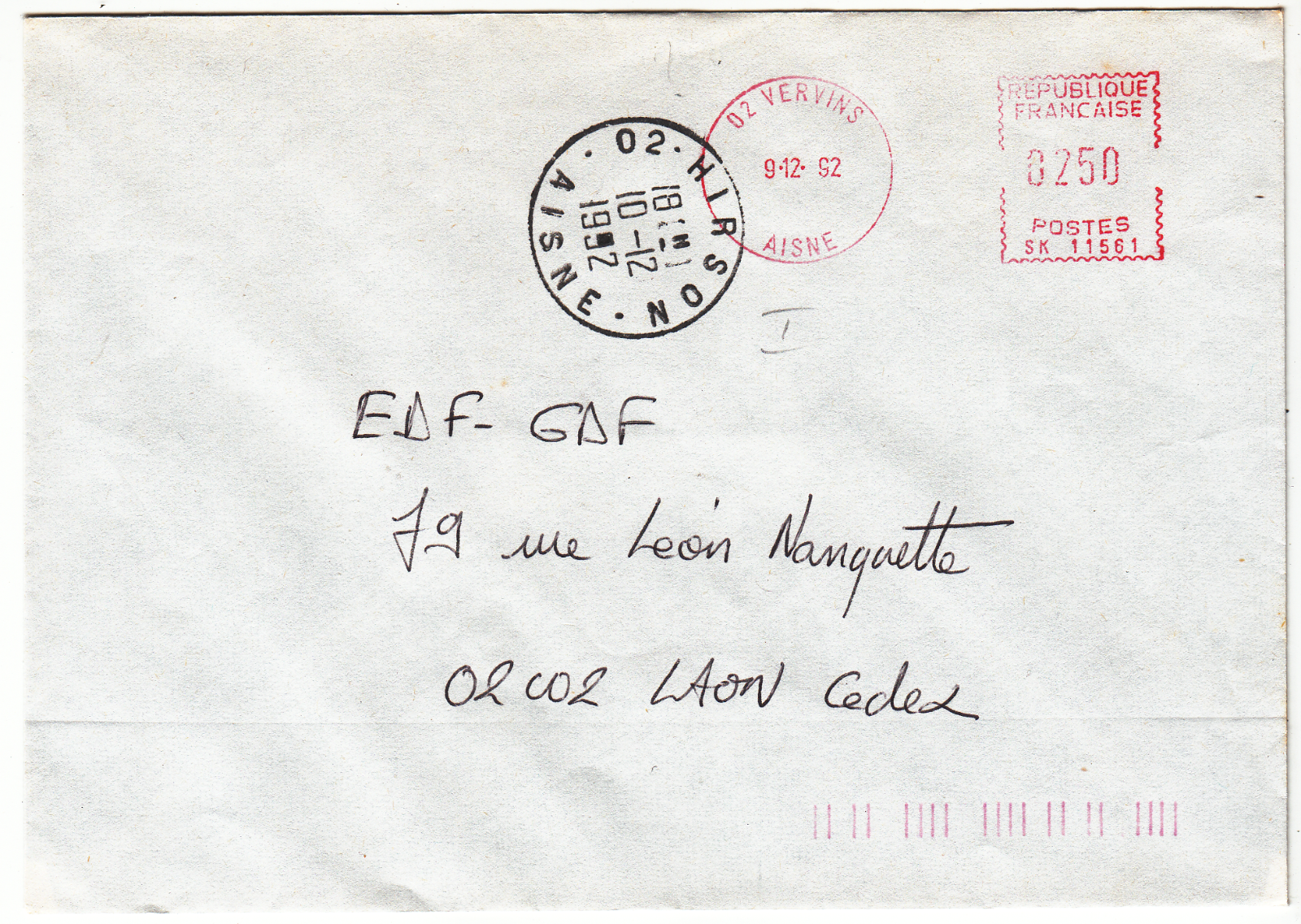 LETTRE HIRSON POUR LAON 1992 CACHET FLAMME MECANIQUE VERVINS 124067356436