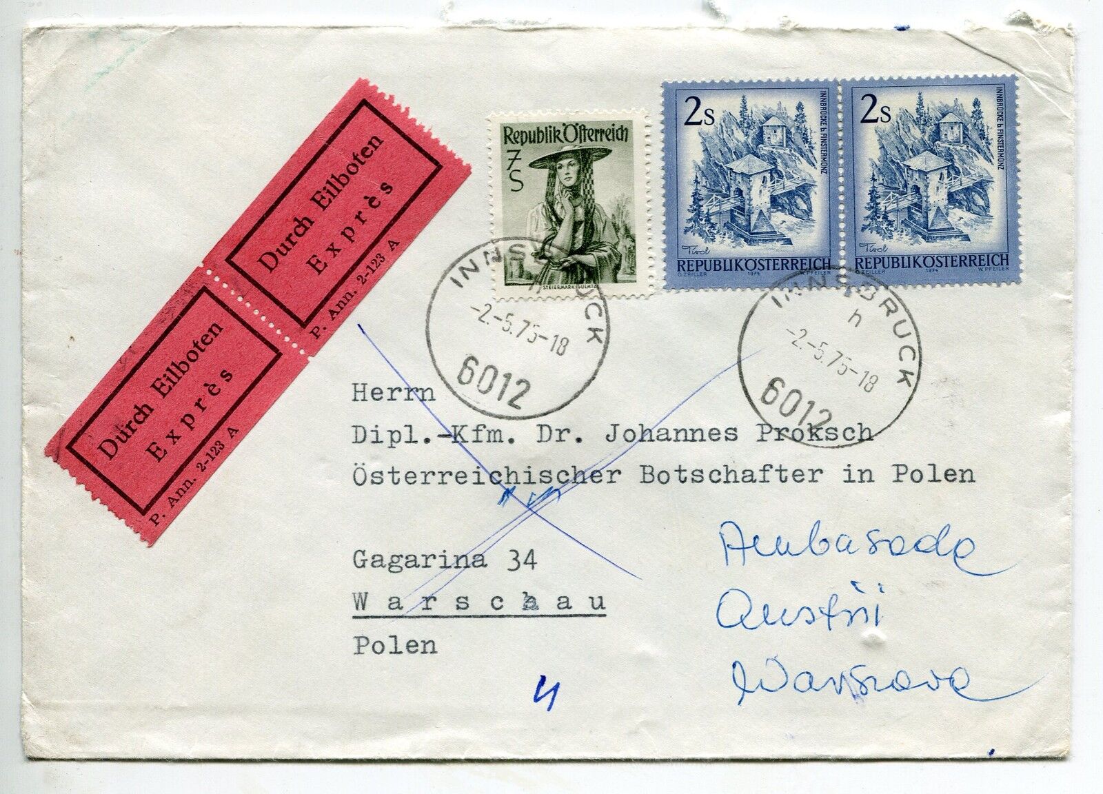 LETTRE INNSBRUCK AUTRICHE WARSCHAU EXPRES AMBASSADE 121442555256